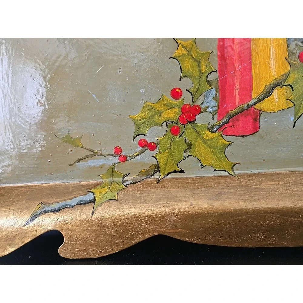 Vintage Gold Metal Handpainted Christmas Tray Lit‎ Candles And Berries 1960